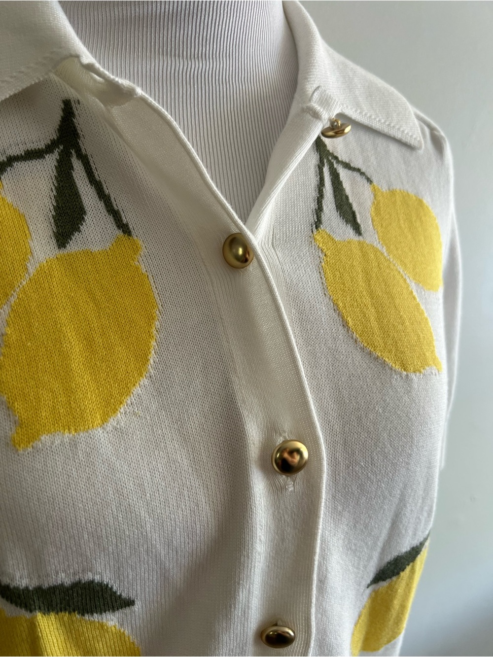 Button-Down Short Sleeve Knit Top with Yellow Lemon Motif - Picture 2 of 5